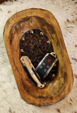 VALET TRAY WOOD BOWL w/EMBOSSED LEATHER