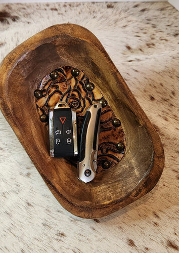 VALET TRAY WOOD BOWL w/EMBOSSED LEATHER