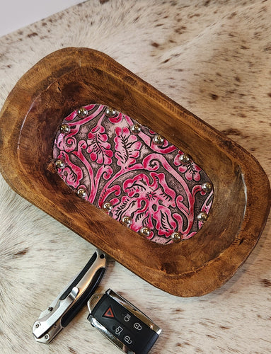 VALET TRAY WOOD BOWL w/EMBOSSED LEATHER