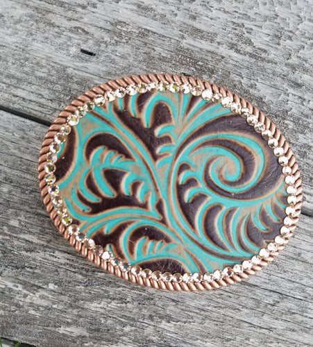 EMBOSSED LEATHER BELT BUCKLE WITH RHINESTONES