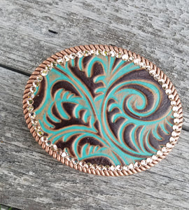 EMBOSSED LEATHER BELT BUCKLE WITH RHINESTONES