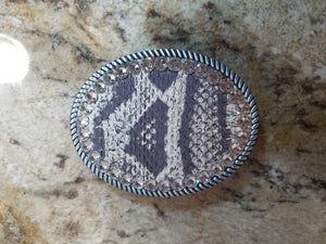 EMBOSSED LEATHER BELT BUCKLE WITH RHINESTONES