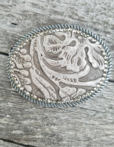 EMBOSSED LEATHER BELT BUCKLE WITH RHINESTONES