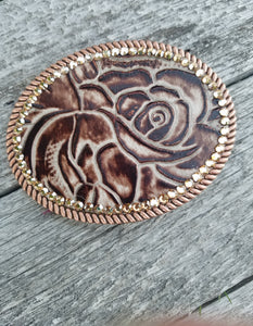 EMBOSSED LEATHER BELT BUCKLE WITH RHINESTONES