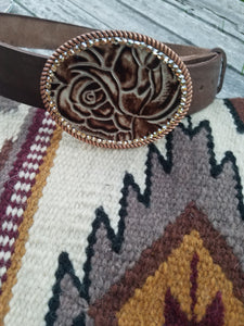 EMBOSSED LEATHER BELT BUCKLE WITH RHINESTONES